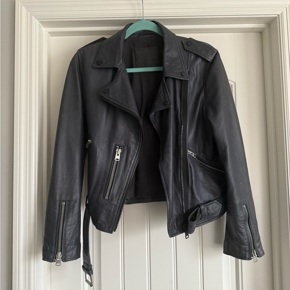 AllSaints Wyatt Biker Leather Jacket in Ink Blue